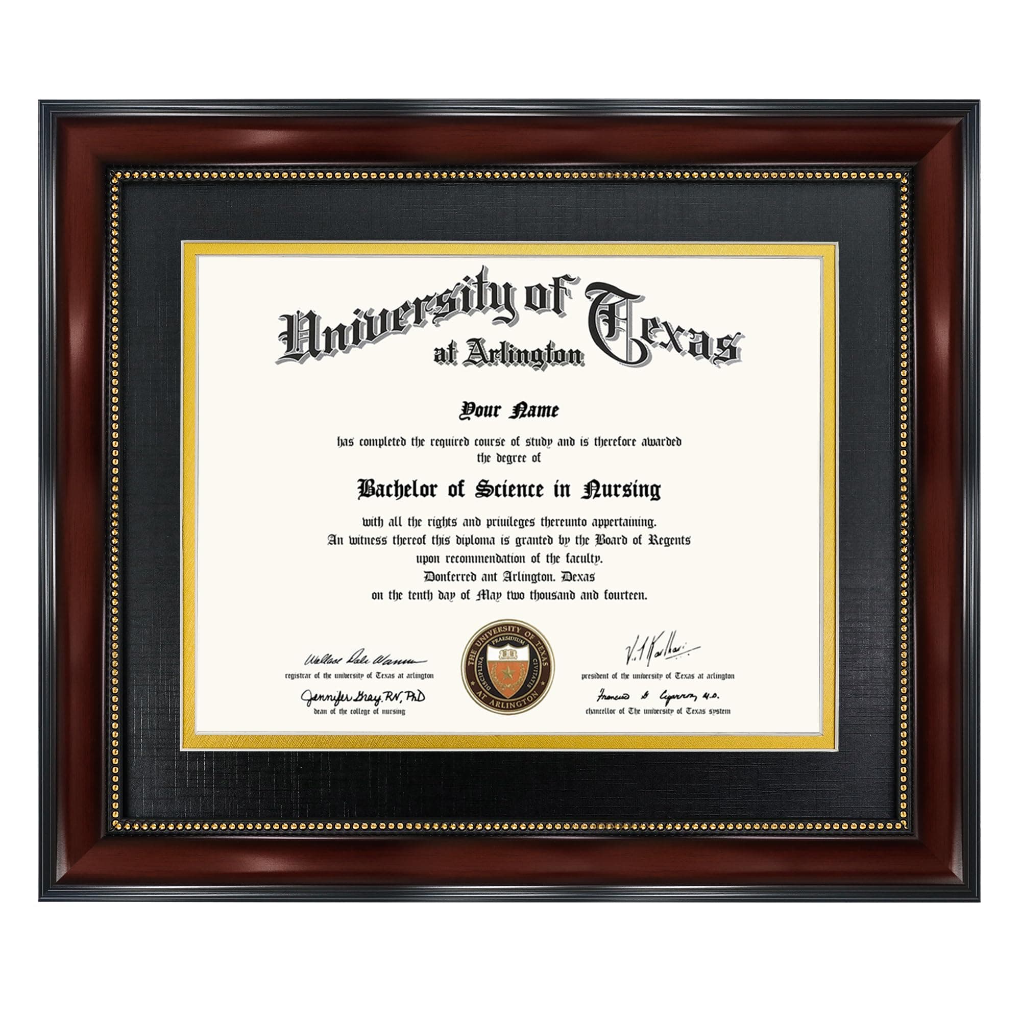 8.5x11 Diploma Frame with Black over Gold Mat or Display 11x14 Document without Mat, UV Protection Acrylic, Mahogany with Gold Beads