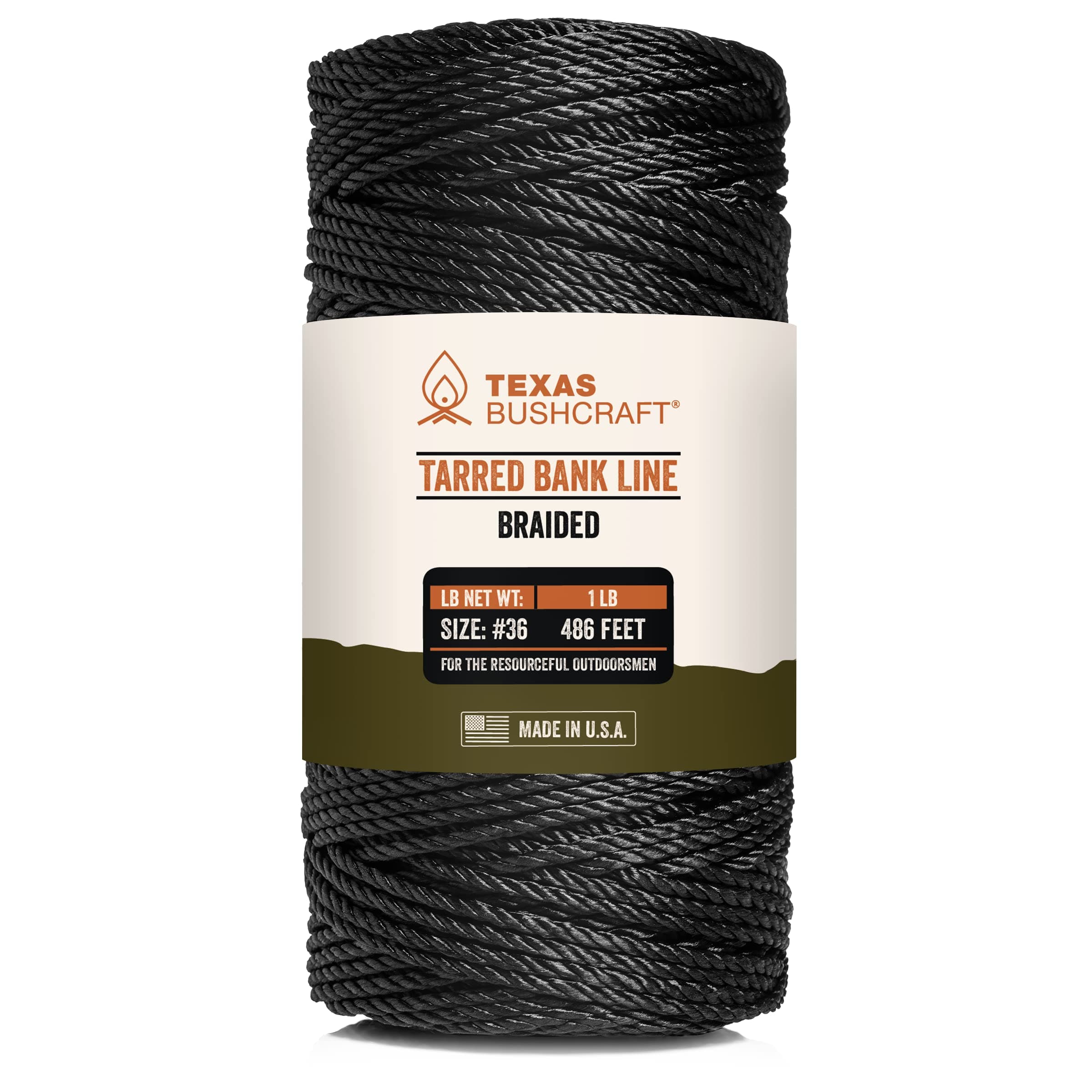 Texas Bushcraft Tarred Bank Line Twine - #36 Black Nylon String for Fishing, Camping and Outdoor Survival – Strong, Weather Resistant Bankline Cordage for Trotline (1 lb - #36 (525 ft), Braided)