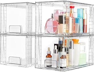 Vtopmart 4 Pack Stackable Storage Drawers,Clear Acrylic Drawer Organizers with Handles, Easily Assemble for Bathroom,Kitchen Undersink,Cabinet,Closet,Makeup,Pantry organization and Storage