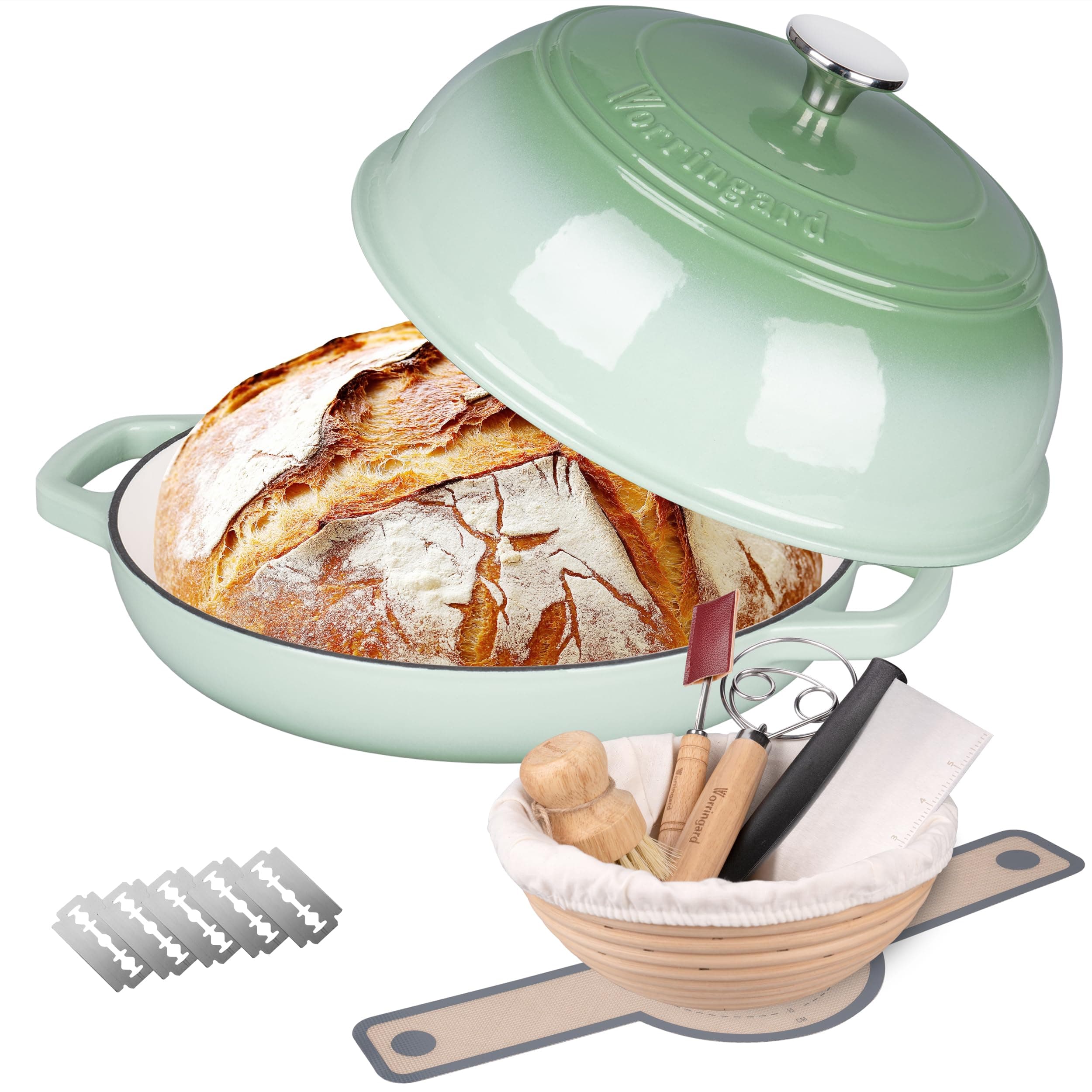 - VORRINGARD Enameled Cast Iron Dutch Oven Pot with Lid, Bread Oven for Sourdough Bread Baking, Dutch Ovens with Bread Proofing Basket& Baking Supplies Set, 6 Quart, Green