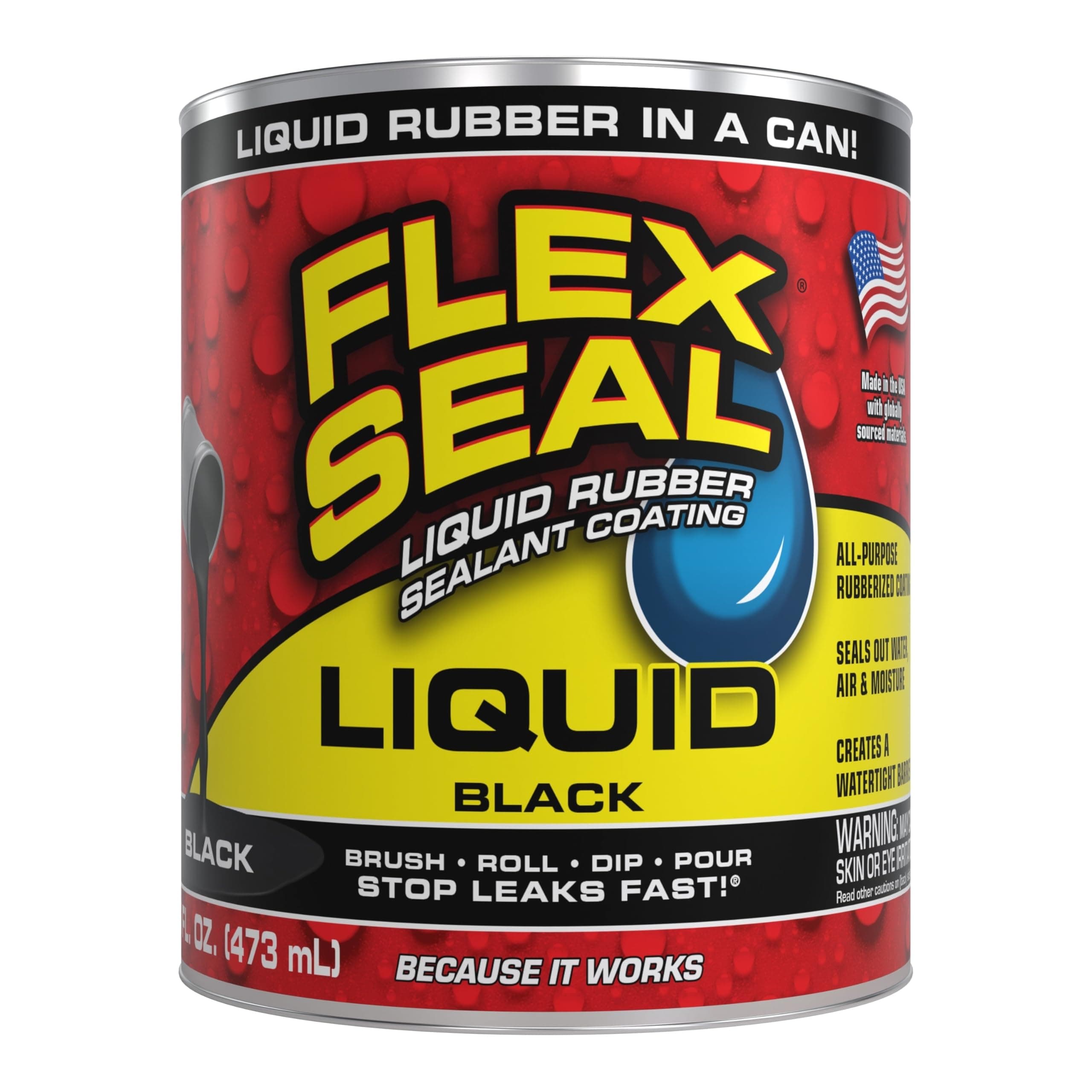 Flex Seal Liquid, Rubber Coating Sealant, Waterproof, Flexible, Breathable, and UV Resistant, Roof Repair, Basements, RV, Campers, Trailers, Marine, EPDM, Masonry, Black, 16 oz
