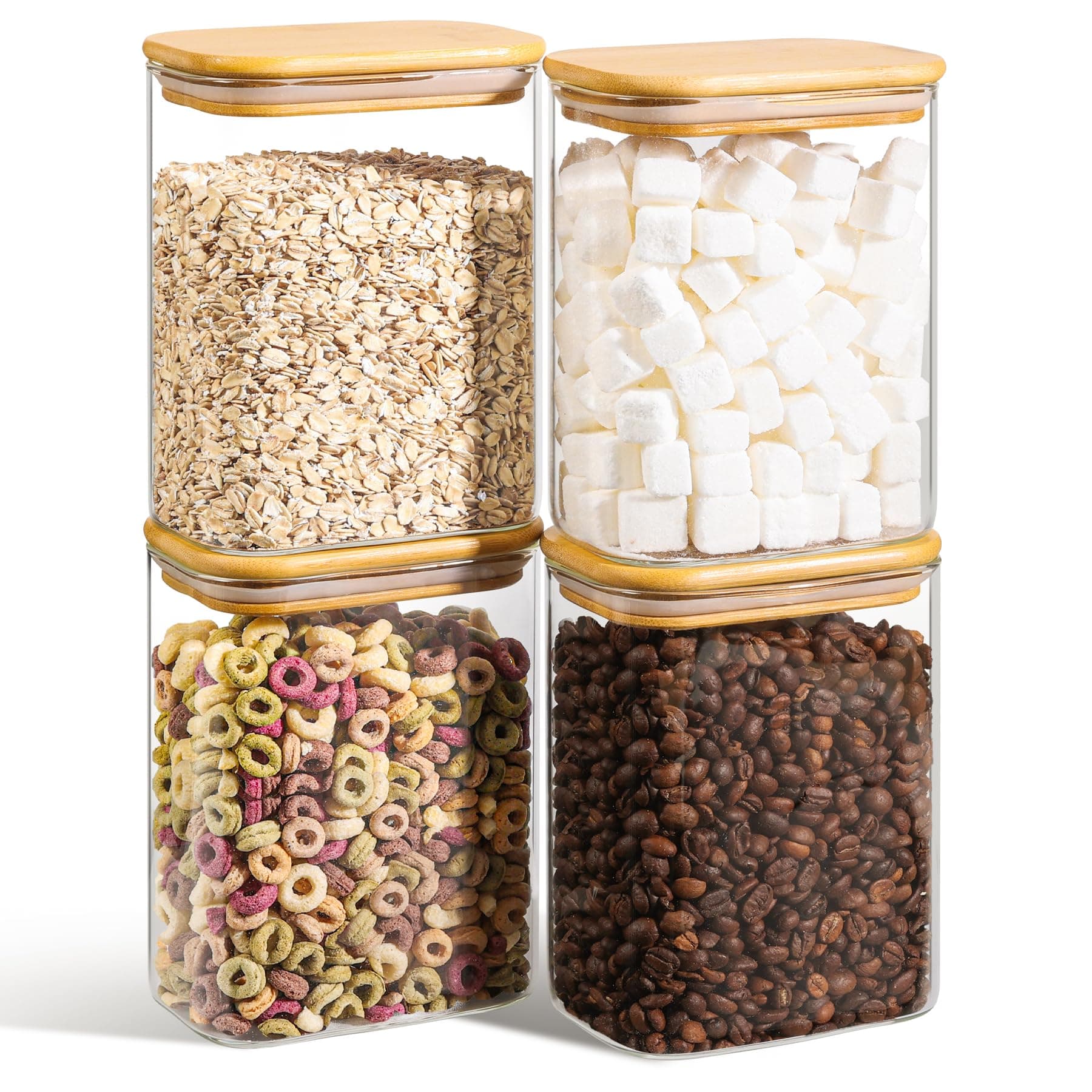 1.2 Qt Rectangle Glass Storage Containers with Lids, Glass Jars with Bamboo Lids, Clear Food Storage Jar, Sugar Coffee Containers, Pantry Container for Pasta Tea Candy Nut