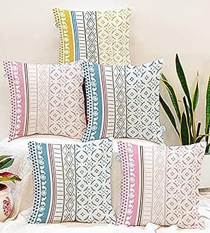 STITCHNEST Set of 5 Polycotton Cushion Covers – Multicolor Traditional Stripe & Motif Print – 12x12 Inches – Ethnic Sofa Cushion Covers for Living Room & Home Decor