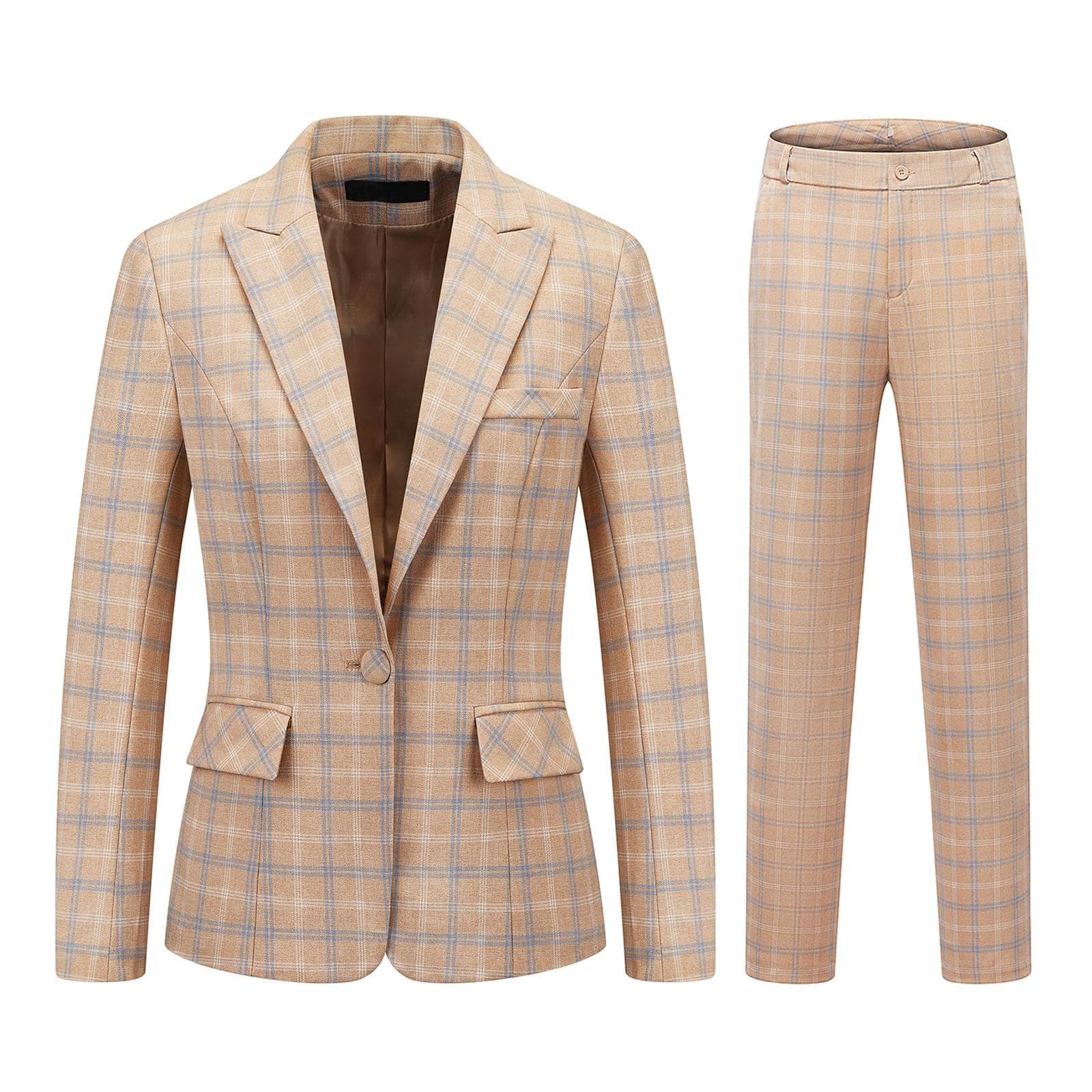 MODFULWomens 2 Piece Plaid Suits Set Business Office One Button Blazer Jacket Casual Long Sleeve Pant Suit Set