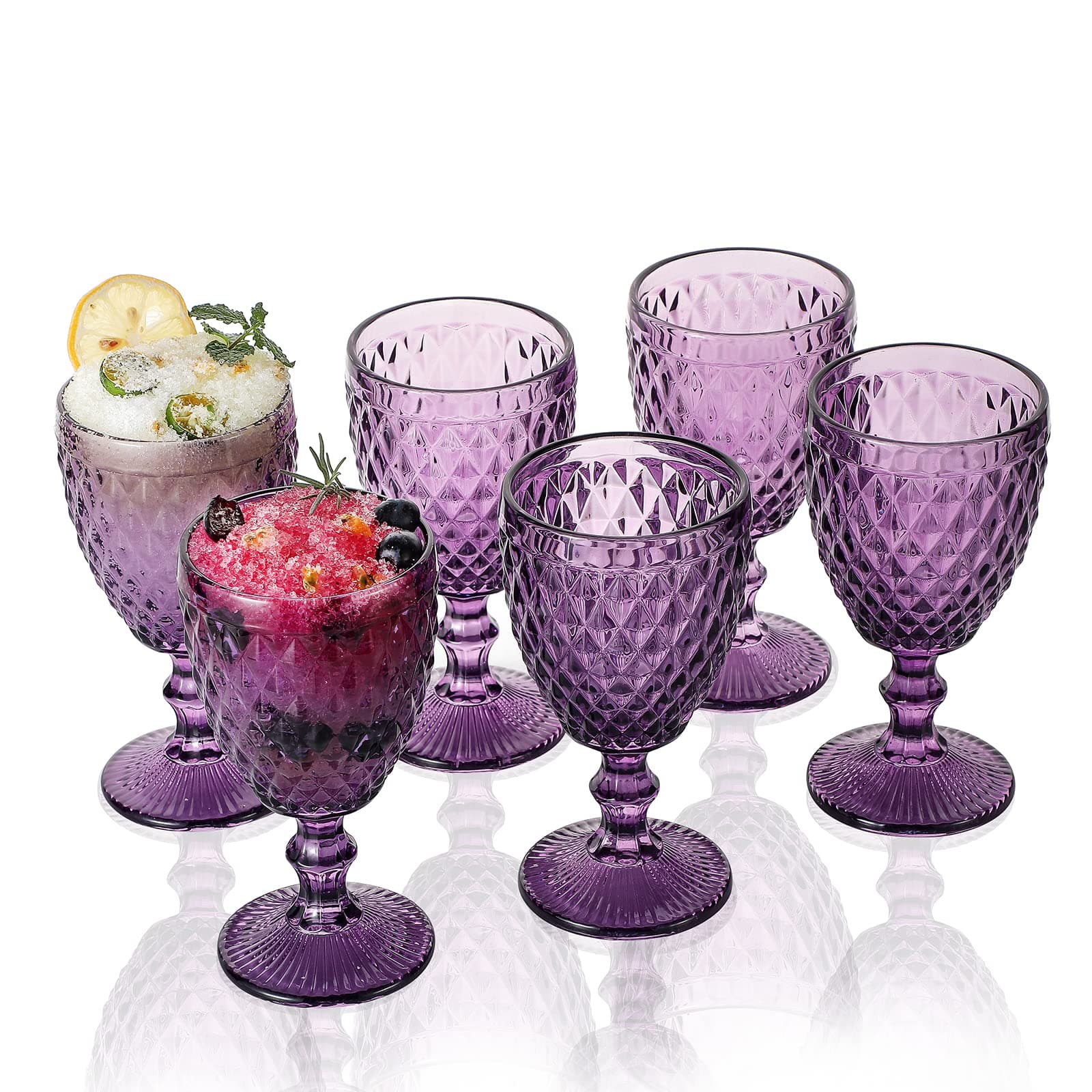 1500° C TABLETOP Purple Colored Goblet Glasses 10 oz. set of 6 Water Goblets Vintage Glassware Embossed with Diamond Pattern for Iced Tea Beverage for Party and Wedding