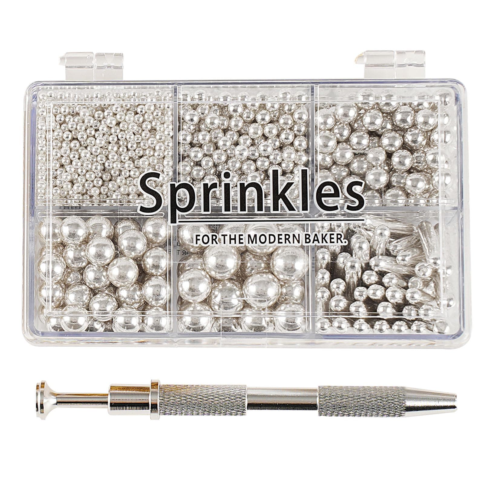 Kasvan silver Mix Sugar Sprinkles - Edible Candy Pearls with 4-Claw Sprinkle Pen,118g/4.16 Oz, Gift Box Pack, Baking Cake Decorations, Ice Cream Toppings and Cookie Decorating, Wedding Party Chirstmas