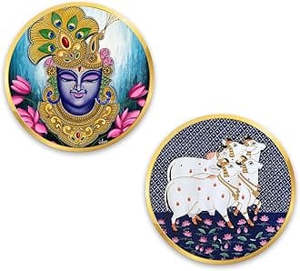 Artvibes Shrinath Ji & Cow Pichwai Art Round Shape MDF Wooden Wall Decor Items | Living Room | Handcrafted Art | Wall Illustrations | Art Prints | Aesthetic Wall Art | Ideal Gifts (WH_8807N), Set of 2
