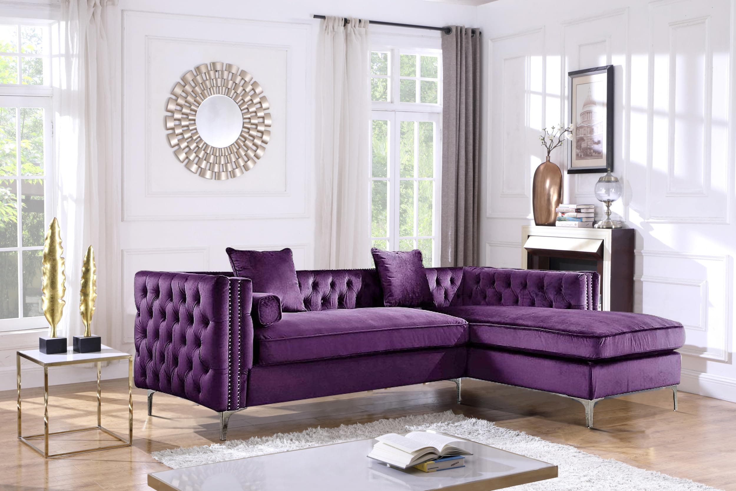 Iconic Home Da Vinci Velvet Modern Contemporary Button Tufted with Silver Nailhead Trim Silvertone Metal Y-Leg Left Facing Sectional Sofa, Purple