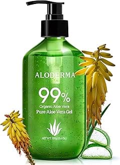 Aloderma 99% Organic Aloe Vera Gel Made within 12 Hours of Harvest - Lightweight, Non-Sticky Aloe Gel for Face Body, Hair, & Scalp, After Sun Relief, Natural, Soothing Hydrating Aloe Gel, 10.6oz