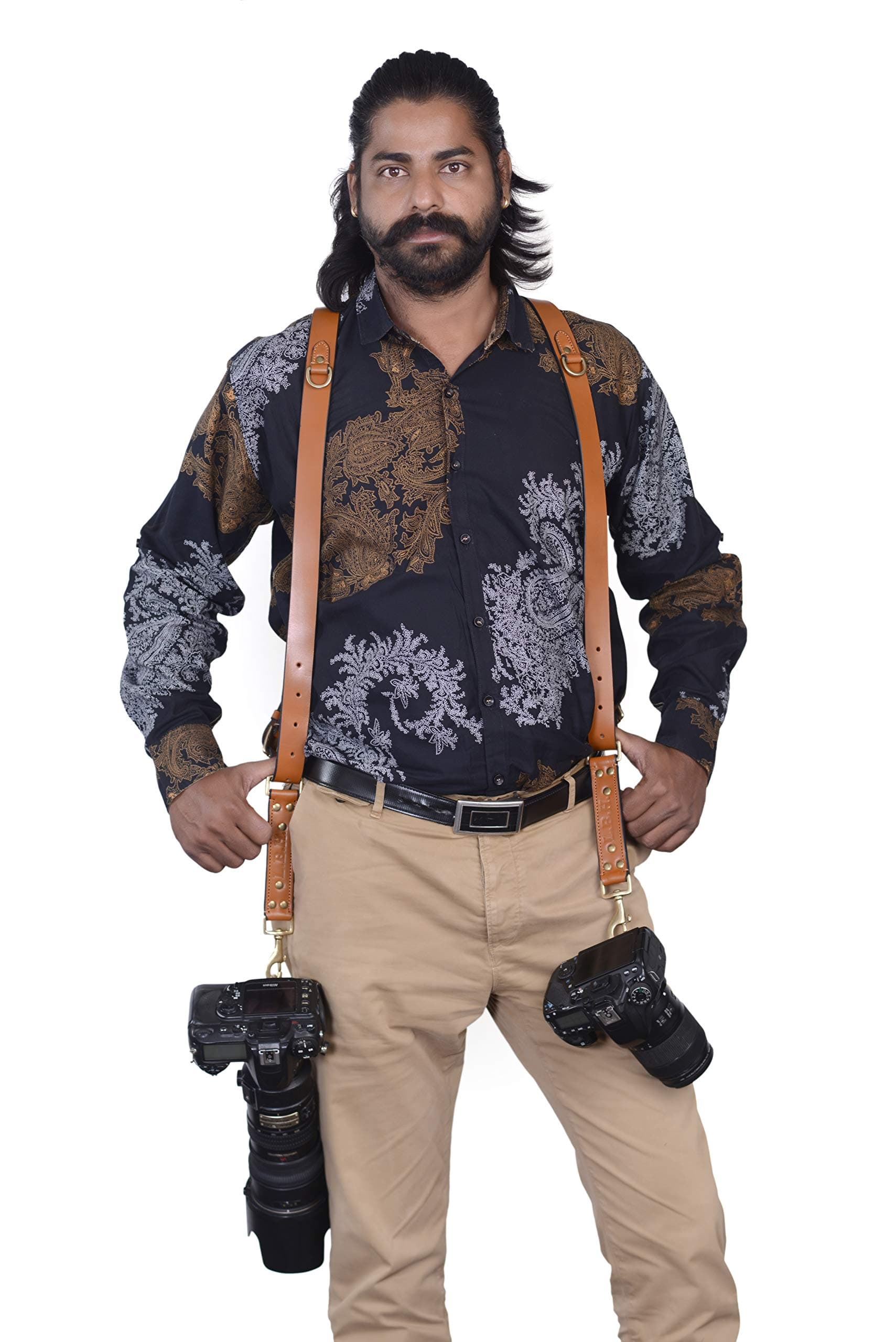 LBH Camera Strap Accessories for Two-Cameras – Dual Shoulder Leather Harness – Multi Camera Gear for DSLR/SLR Light Brown