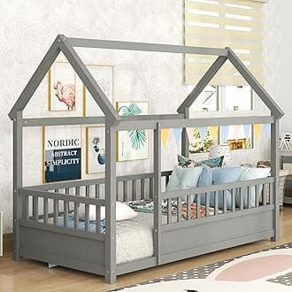 Bellemave Wood Montessori Floor Bed Twin Size, Twin Floor Bed with Fence and Door, Twin Size House Bed for Kids, Girls, Boys, Gray Montessori Bed Twin Size