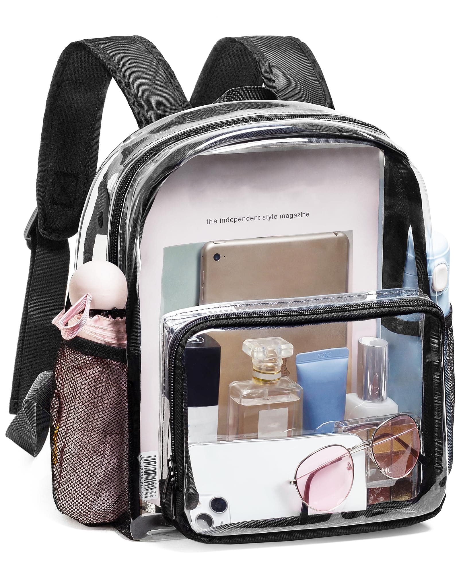 Clear Mini Backpack - Stadium Approved 12x12x6 Small, Stadium Backpack for Women with 2 Water Holders Heavy Duty for Concert Work Sport Games Festival Venues - Black