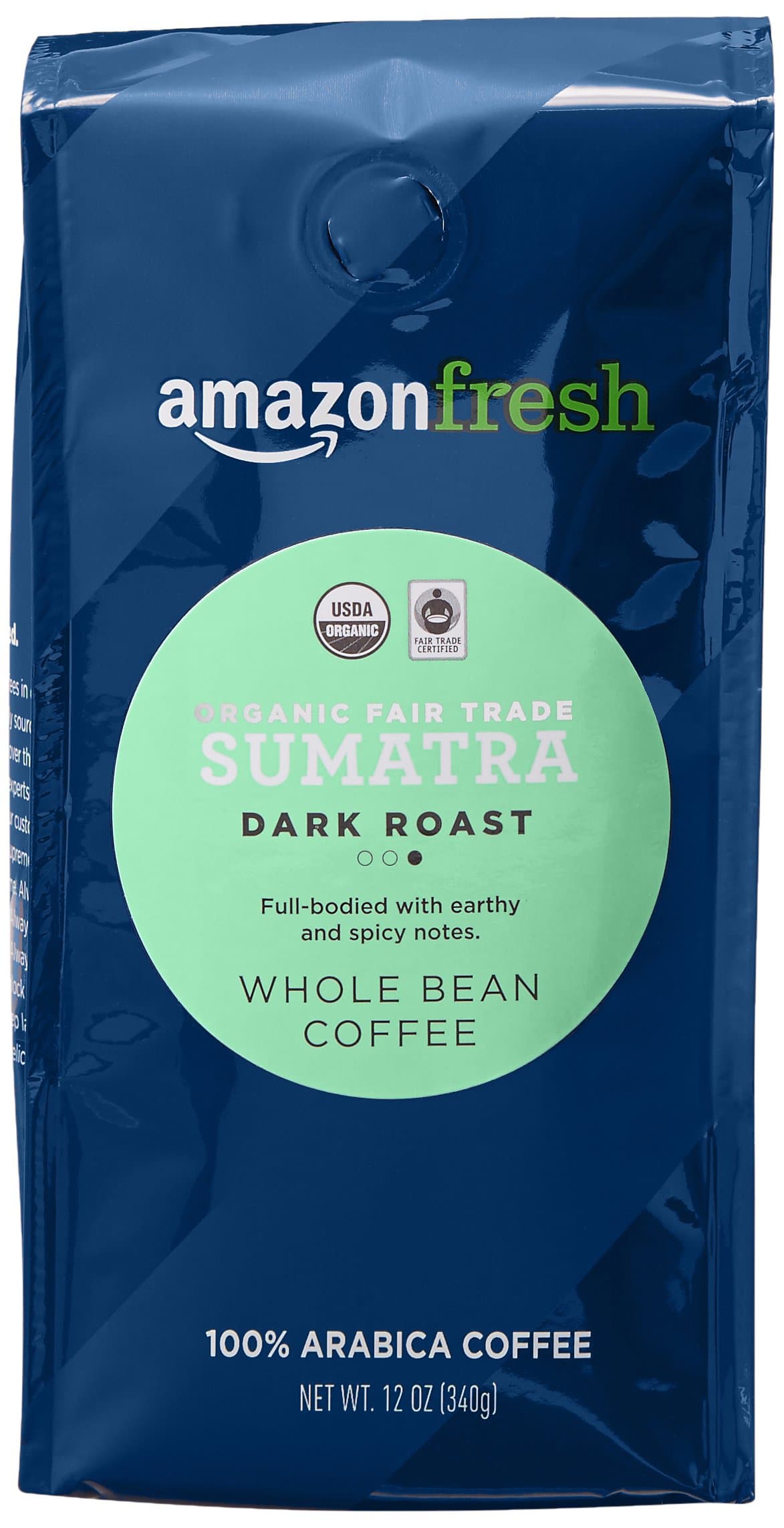 Amazon Fresh, Organic Fair Trade Sumatra Whole Bean Coffee, Dark Roast, 12 Oz