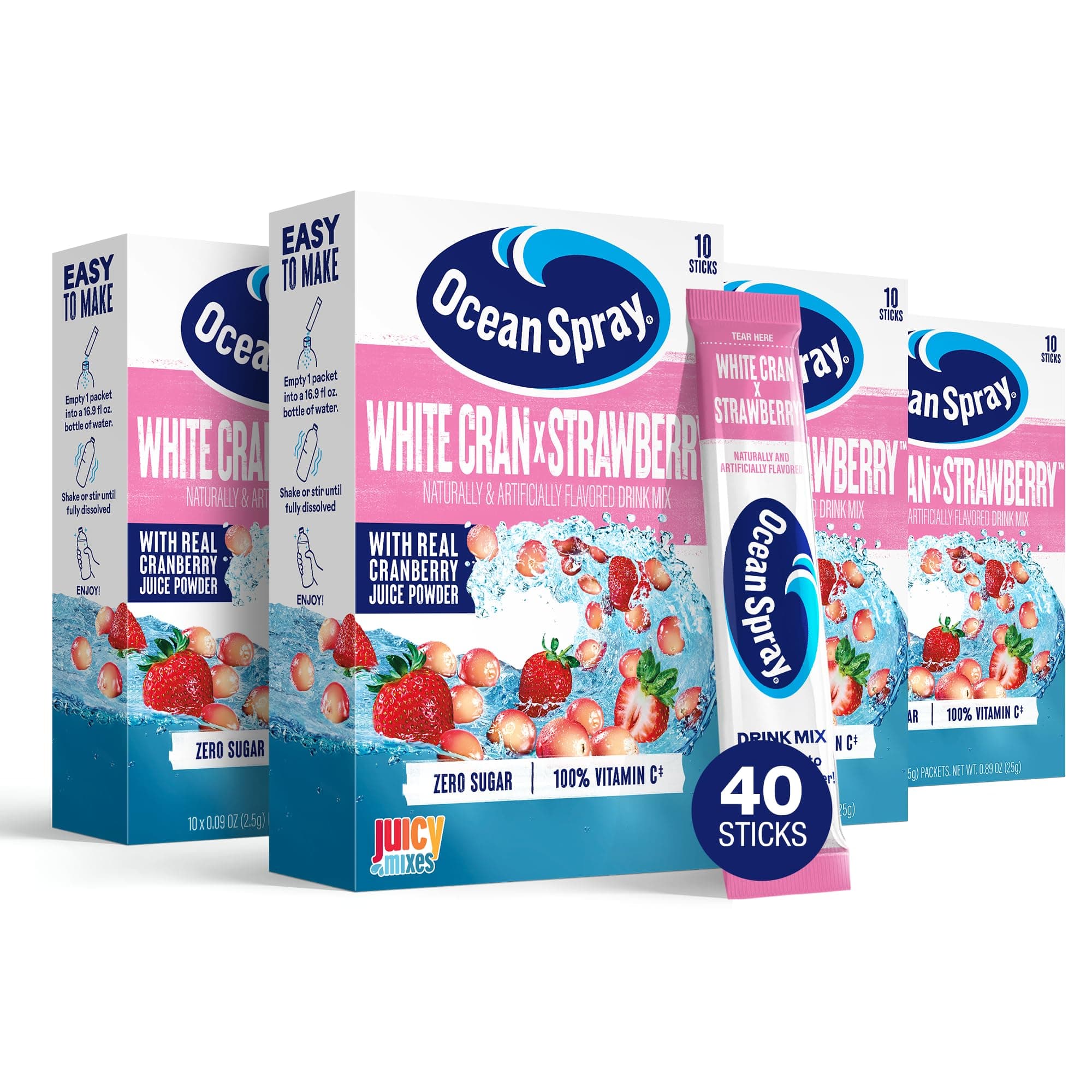 Ocean Spray® White Cran-Strawberry™ Zero Sugar Powder Drink Mix Packets with Real Cranberry Juice Powder, 100% Vitamin C, No Synthetic Dyes, Juicy Mixes (40ct)