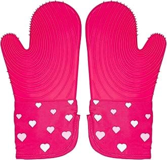 Paris Hilton Oven Mitt Set with Heart Design, Heat Resistant Pot Holders Featuring Non-Slip Textured Silicone Grips, 2-Piece Set, Pink
