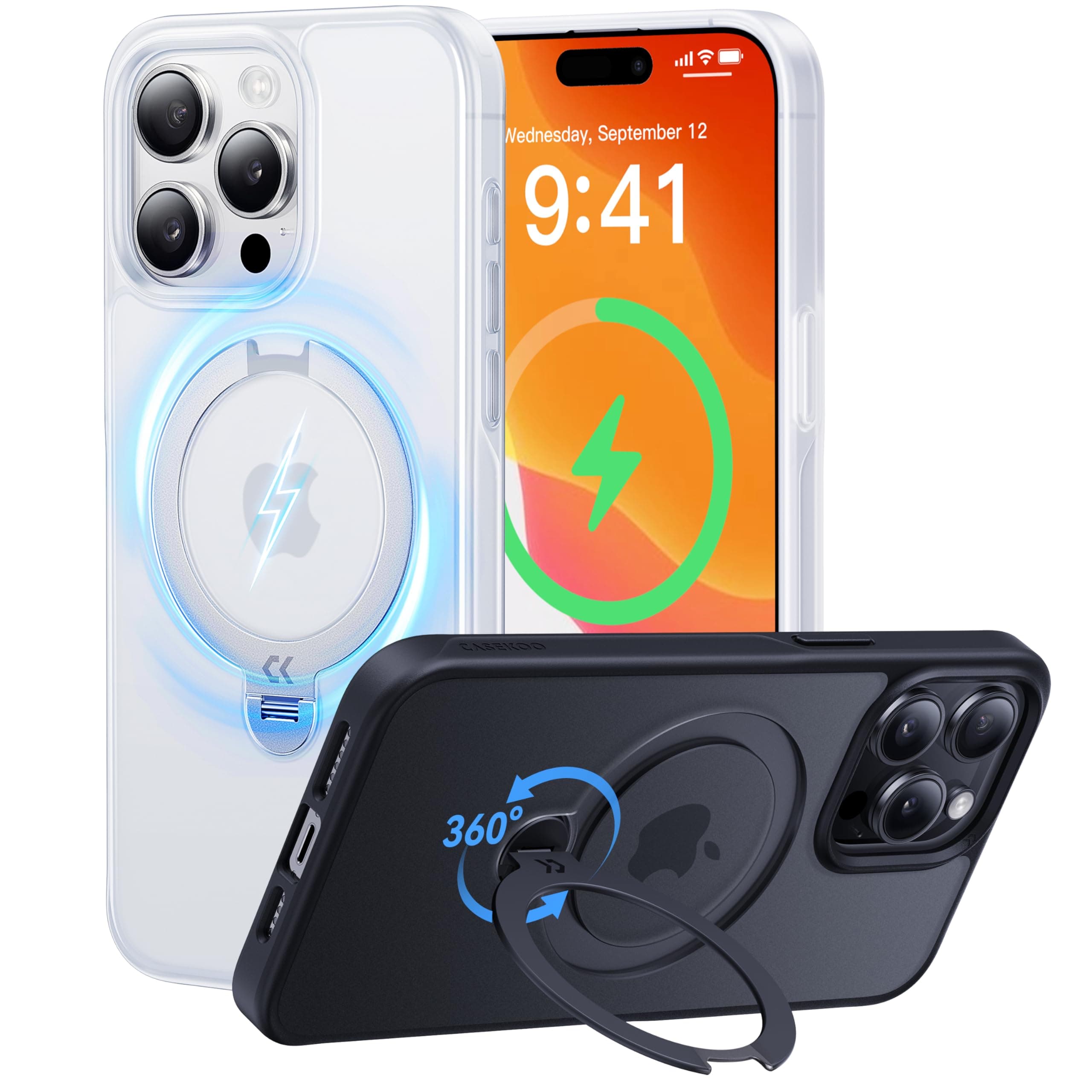 CASEKOOPatented 360° Spin Magnetic Stand for iPhone 15 Pro Max Case [Military Drop Protection] [Non-Slip Edge] [Compatible with MagSafe] Matte Shockproof Slim Promax Case 6.7'', Translucent White