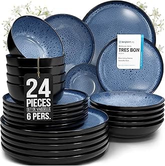 PURE LIVING INTERIOR DESIGN Ibiza Stoneware Crockery Set for 6 People, 24-Piece Mediterranean Test Very Good Stoneware Tableware Set, Bowl and Plate Set, Dinner Service for 6 People, in Deep Blue