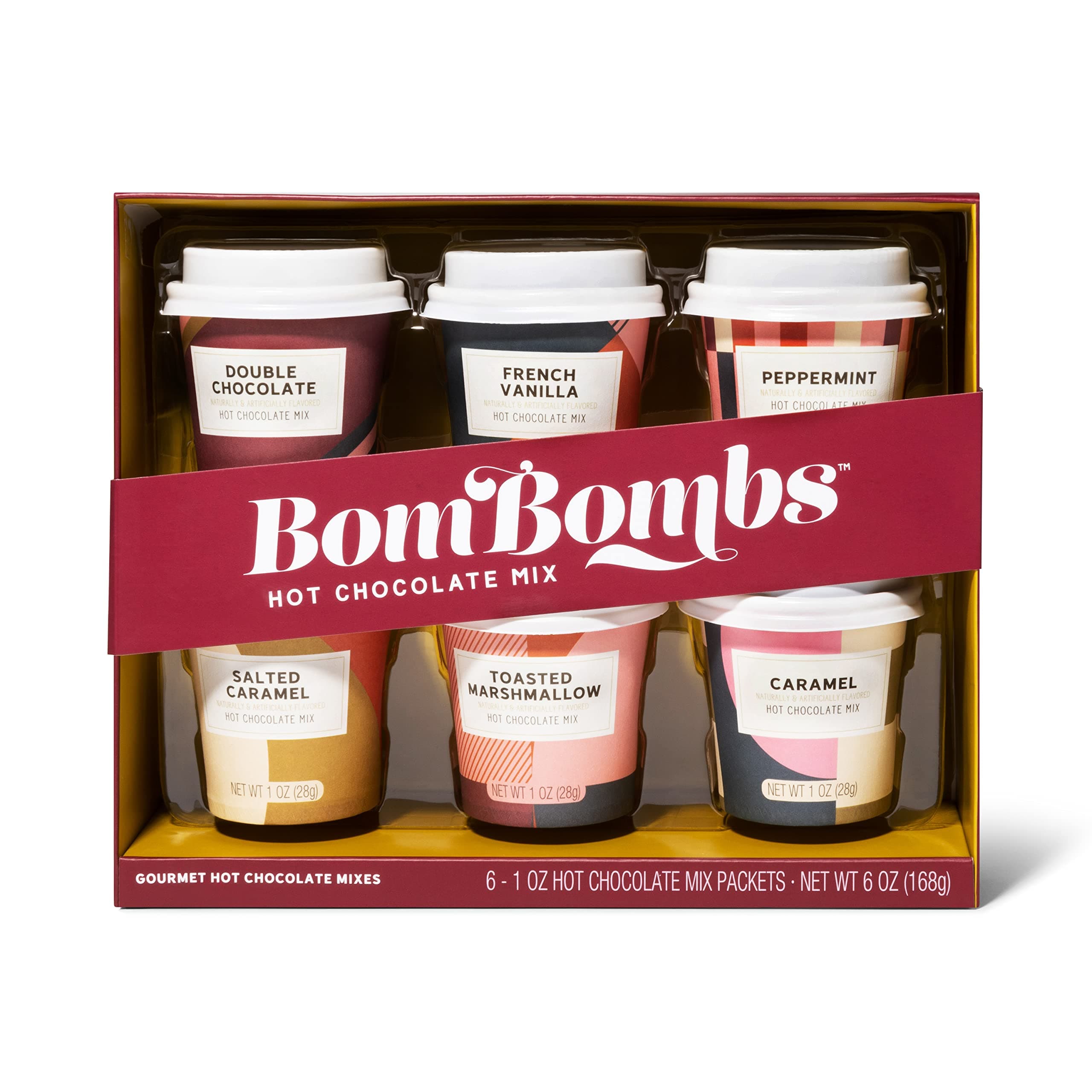 Bombombs Hot Chocolate Mix Gift Set in Mini Cup Packaging, Flavors Include Double Chocolate, French Vanilla, Peppermint, Salted Caramel and More, Set of 6