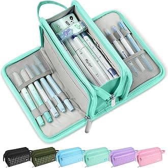 Sooez Large Pencil Case, Big Capacity Pencil Pouch Pen Bag with 3 Compartment, Portable Canvas Stationery Organizer with Zipper, Cute Aesthetic School Supplies for Teen Girls, Celadon with Plaid