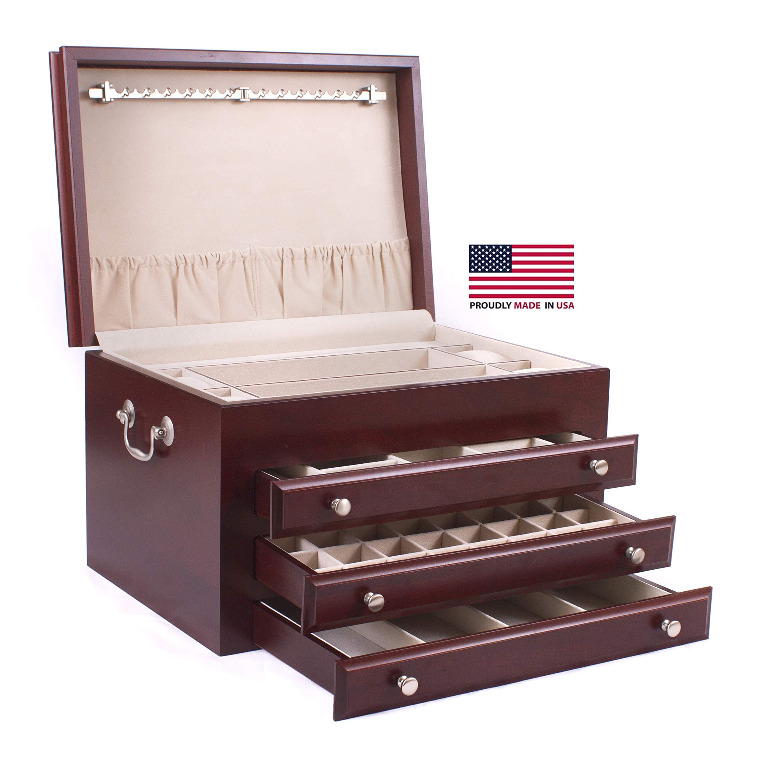 Co. #J03C Majestic- 3 Drawer Jewelry Chest, Solid Cherry, Made in the USA, Heritage Cherry finish