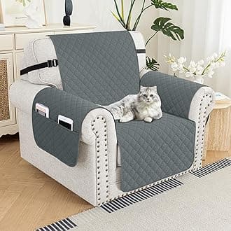 Quilted Chair Sofa Cover Waterproof Chair Covers for Armchair, Super Soft Washable Slipcover with Pockets & Non-Slip Elastic Straps, Thick Furniture Protector (Dark Grey)