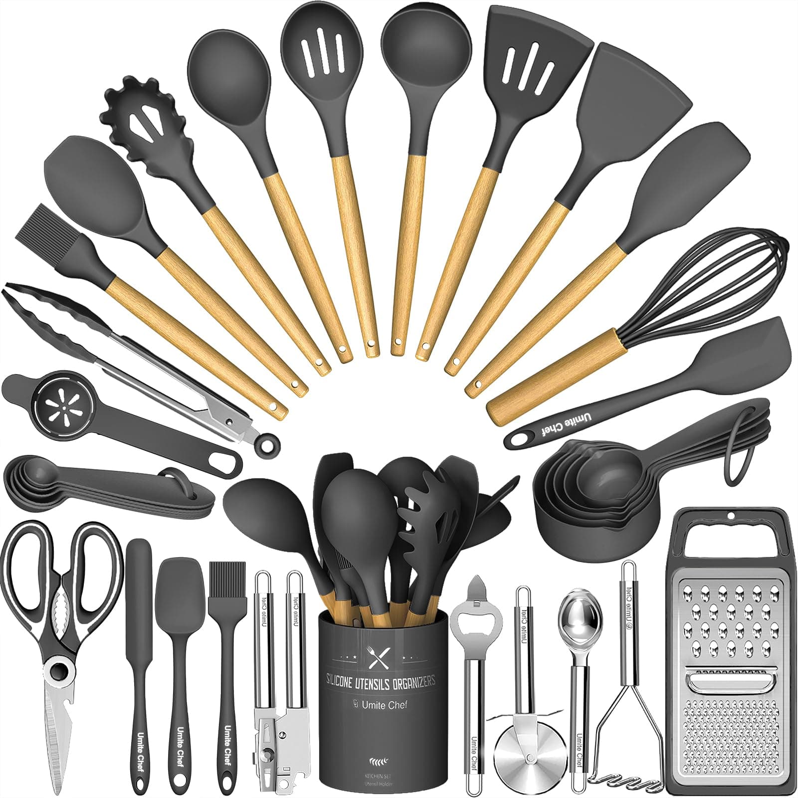 Silicone Kitchen Utensil Set, 34PCS Heat Resistant Kitchen Gadgets and Tools With Grater, Wood Handles for Nonstick Cookware (Dark Gray)