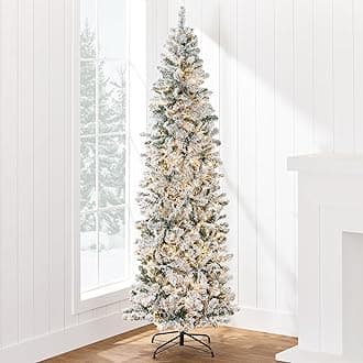 Best Choice Products Flocked Pencil Christmas Tree, Pre-Lit Slim Artificial Holiday Decoration, 7.5ft Lighted Skinny w/Base, Warm White Lights