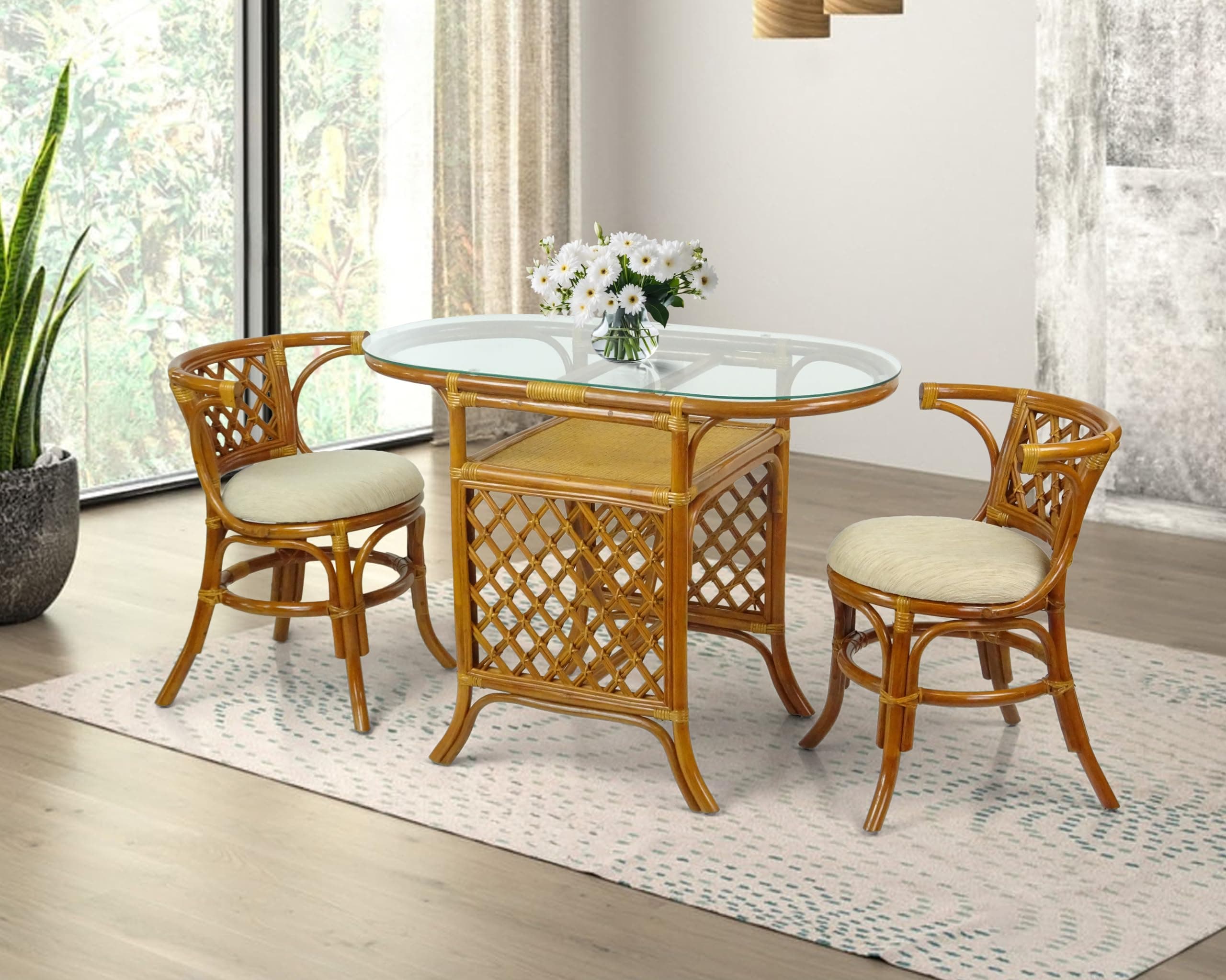 Borneo Compact Dining Set Colonial Color, Table with Glass Top + 2 Chairs with Cream Cushions, Handmade Natural Wicker Rattan Furniture