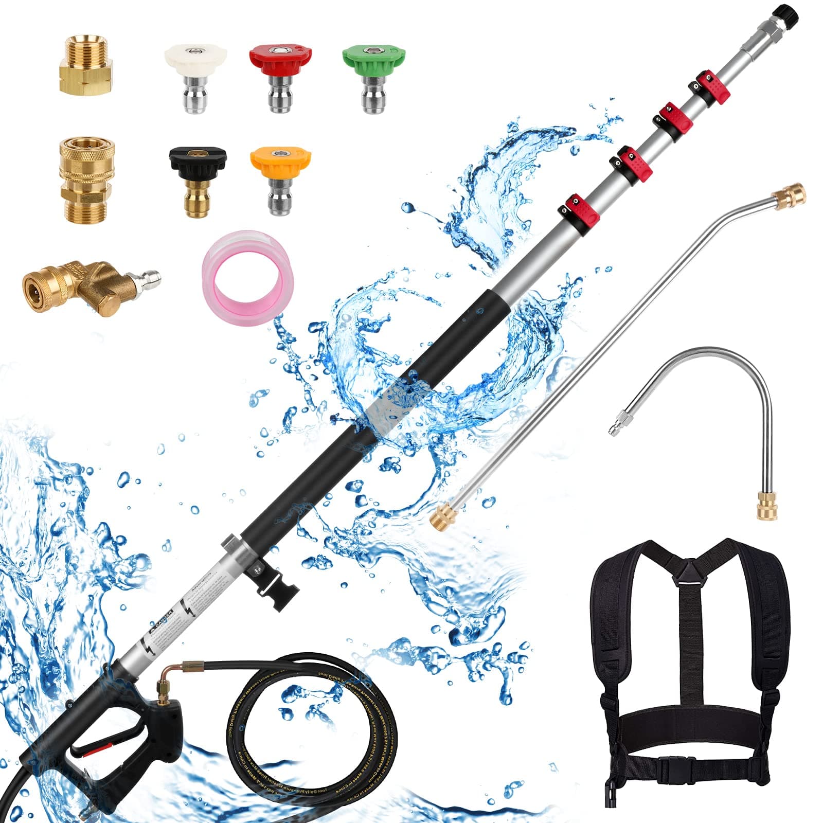 24 FT Pressure Washer Extension Wand, Extension Pole for Pressure Washer with Gutter Extension, and 5 Spray Nozzle Tips for Roof Fence Window Washing Gutter Cleaner