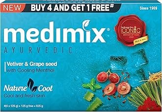 Medimix Ayurvedic Cool Bathing Soap With Menthol, Vetiver & Grape Seed 125Gm (Buy 4 and Get 1 Extra Combo Pack) | For Fresh & Protected Skin | Shop Herbal | Natural | Paraben-Free & Sulphate-Free |