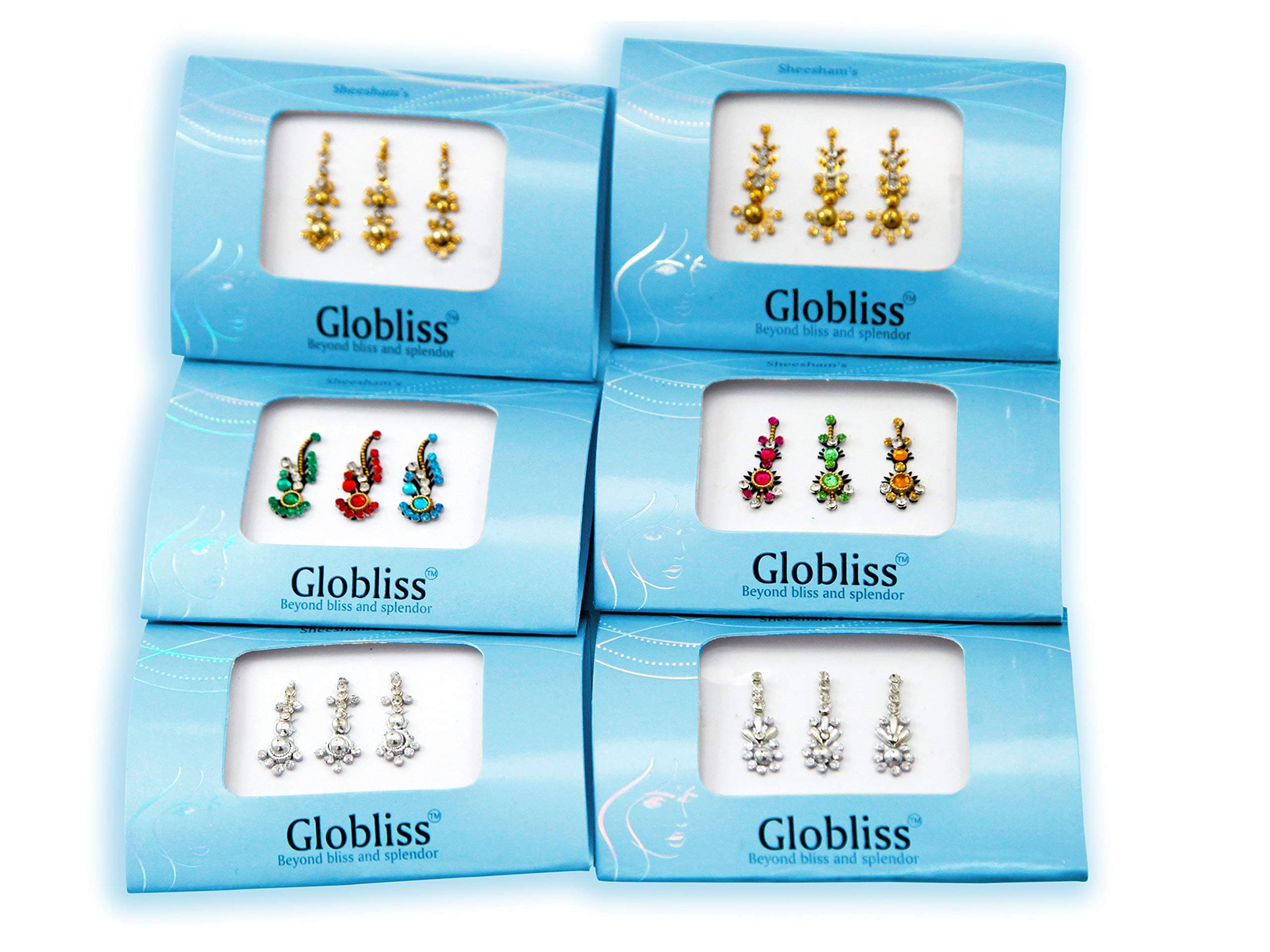6 Packs with 18 Long Indian Bindis face Gems Forehead Sticker Silver Golden Colorful