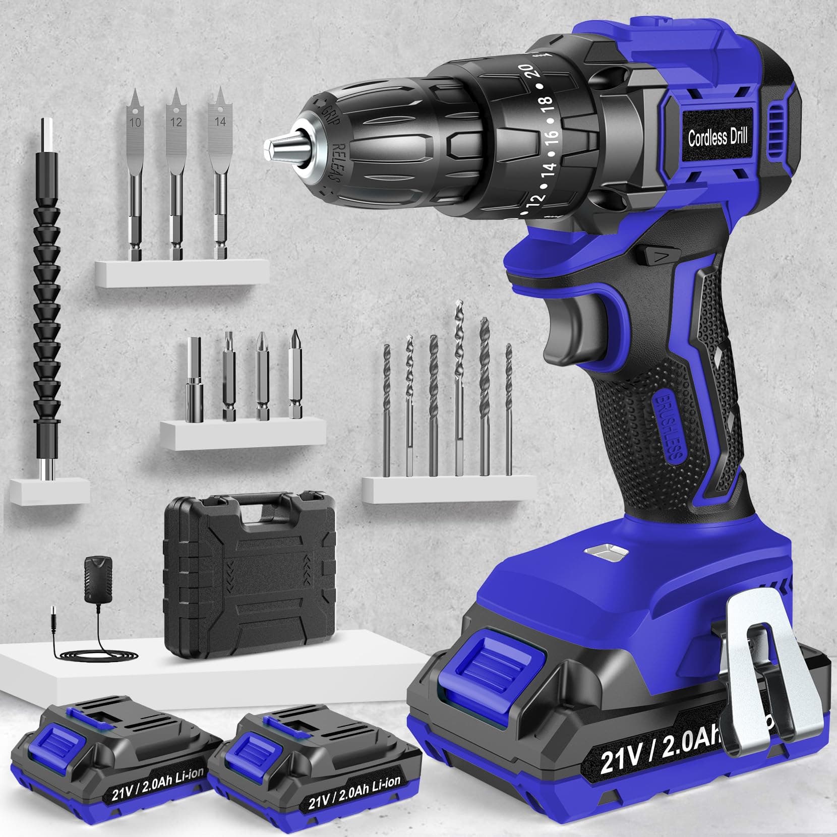 Cordless Drill, Power Drill Brushless 21V, Cordless HammerDrill with 2 Batteries 2000mAh, 20+3 Torque, 45N.m Max DrillSet, LED Light, 2 Speed, 14PCS Accessories for Home and Garden DIY Project