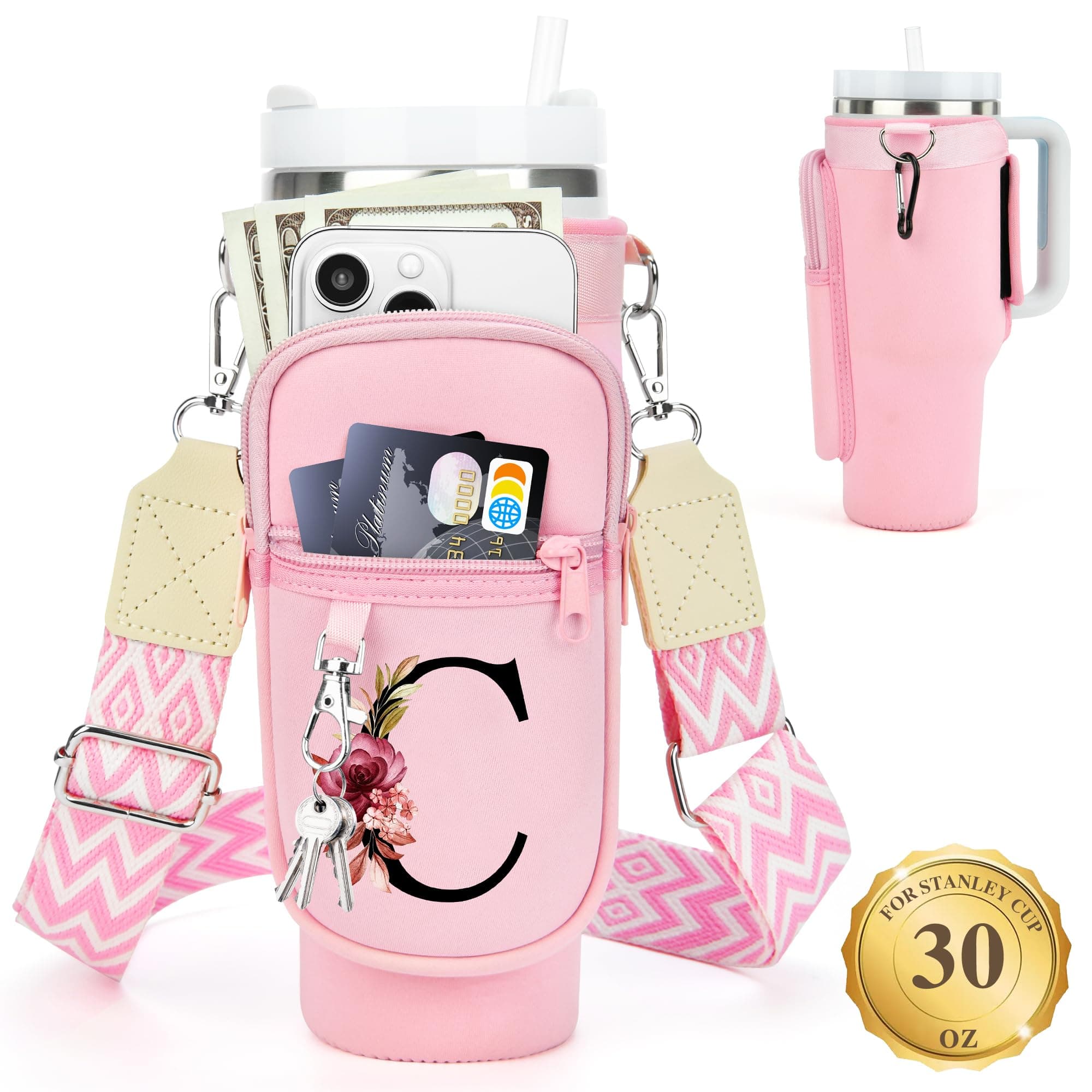 LOKASS Water Bottle Holder with Strap for Stanley Cup 30 oz Tumbler, Personalized Initial Stanley Cup Accessories 30oz, Stanley Cup Carrier Bag for Walking, Valentine’s Day Gifts for Women, Men, Girls