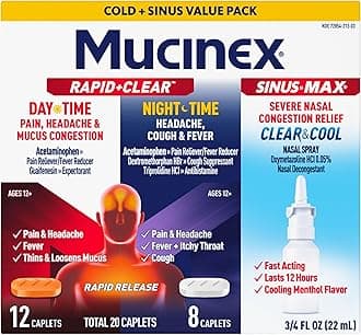 Rapid+Clear Maximum Strength Day & Night Cold and Flu Medicine for Adults (20 caplets) + Sinus Pressure Relief Nasal Spray (0.75 oz), Over-The-Counter Medication Combo Pack for Symptom Relief