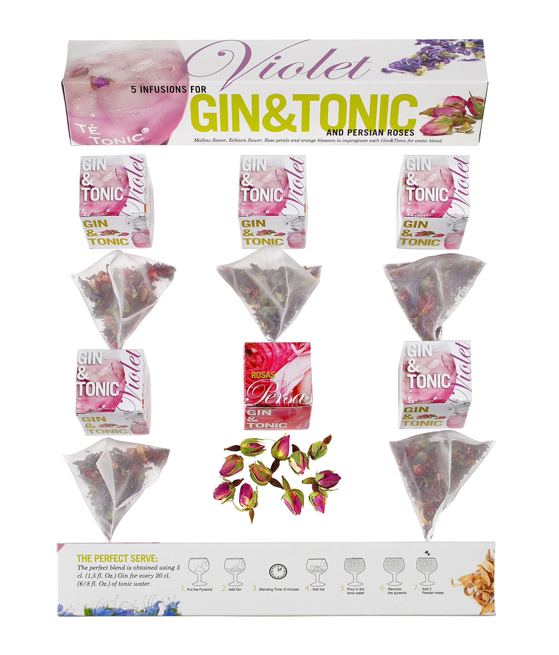 Te Tonic - Violet Gin Tonic Infusion - Five Exotic Flower Botanicals with 10 Roses to Garnish - Gin Tea Bags Kit - Gin Gift Set for Men and Women