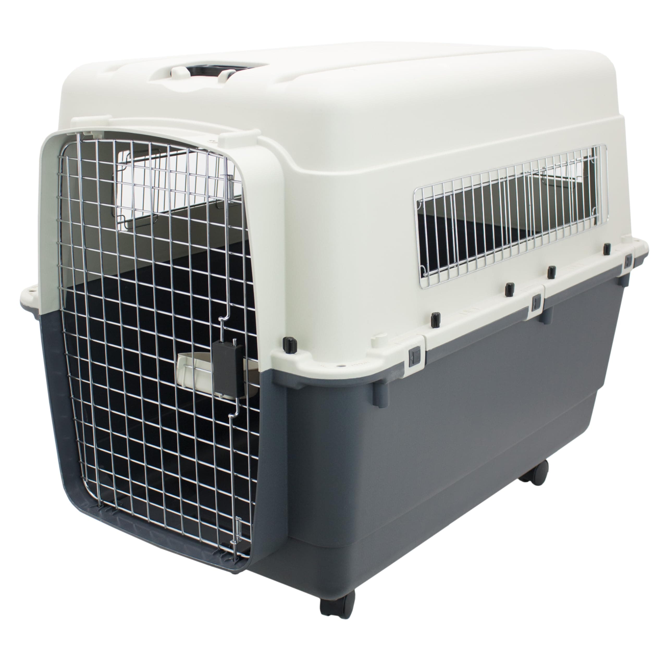 SPORT PET Designs Plastic Kennels Rolling Plastic Airline Approved Wire Door Travel Dog Crate, XXX-Large, Gray