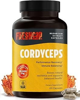 FreshCap Mushrooms Ayurveda Cordyceps Mushroom Capsules 10,000mg - Mushroom Extract, Energy Supplements, Nootropic Mushroom Supplements (120 Capsules)