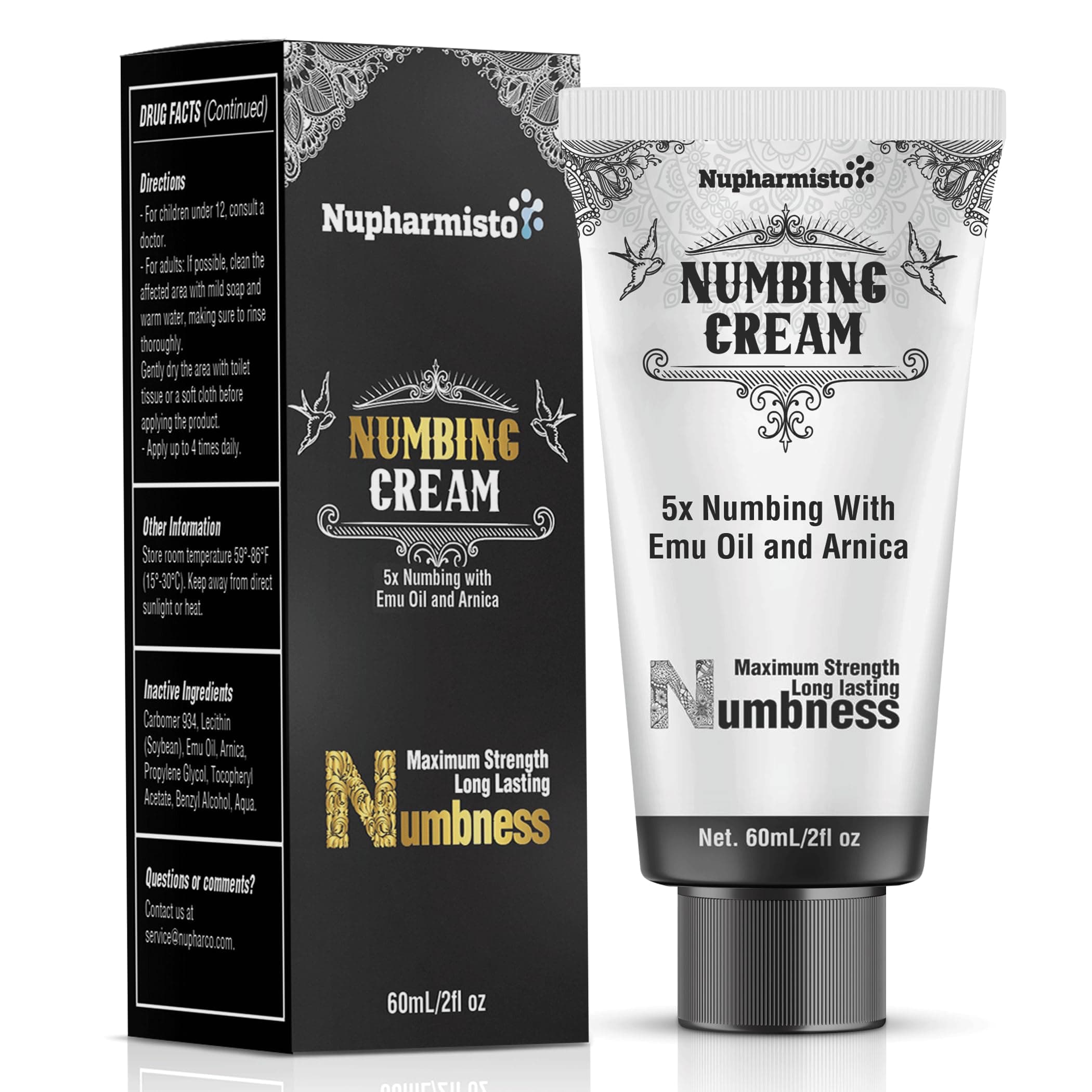 Numbing Cream Maximum Strength: Long Lasting Extra Relief with Menthol Arnica and Emu Oil 2oz/ 60ml