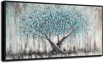 Arjun Framed Blue Tree Canvas Wall Art for Living Room Tree of Life Abstract Bedroom Textured Painting, Nature Picture Landscape Artwork Home Office Decor, Black Wood Large 40"x20"