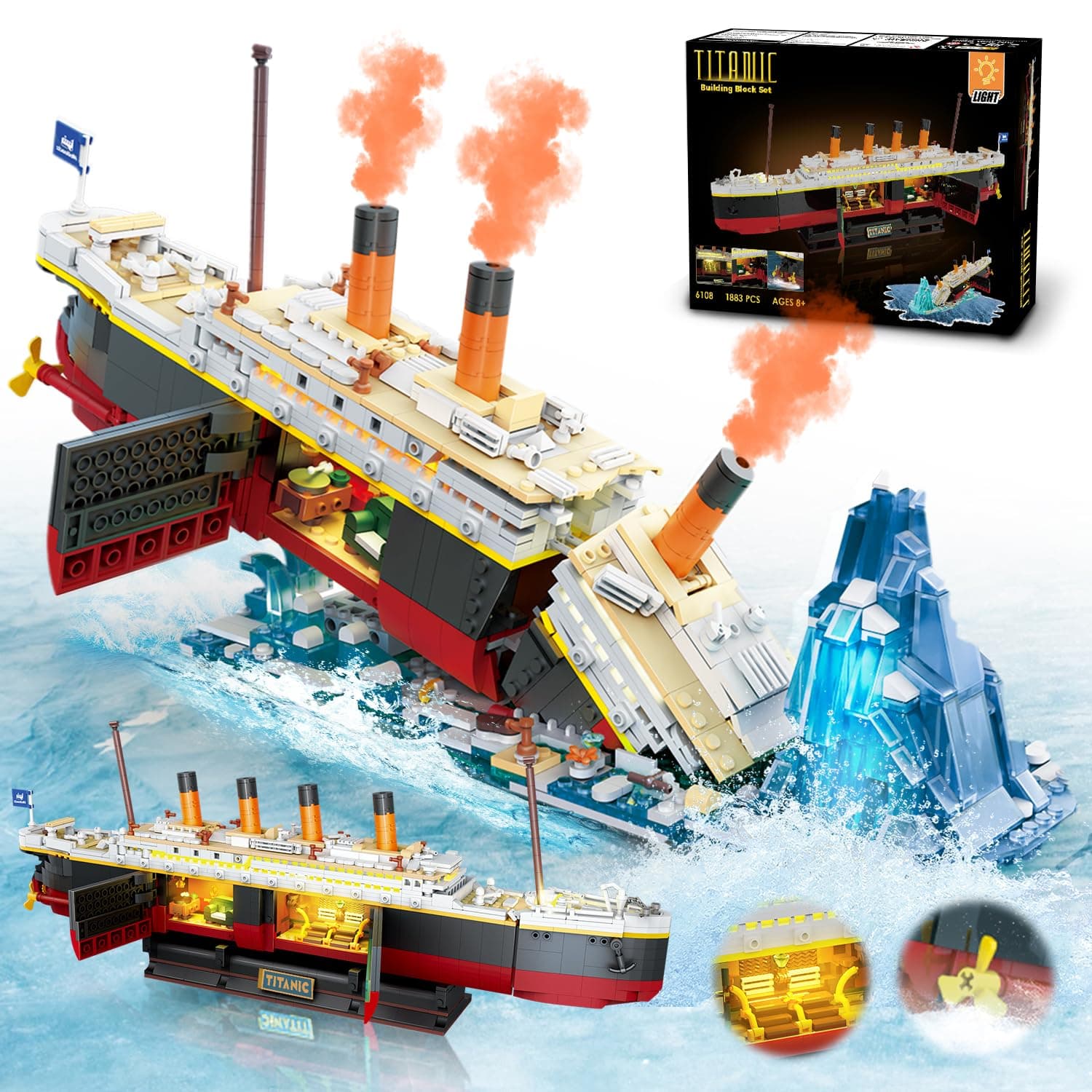 Titanic Building Set with Light, 2 in 1 Titanic Ship 3.6mm Mini Building Block 1883 PCS, Ship Model with Glacier Display Stand, Building Brick Toy Gift for Adults Teens Boys Girls 10 11 12+