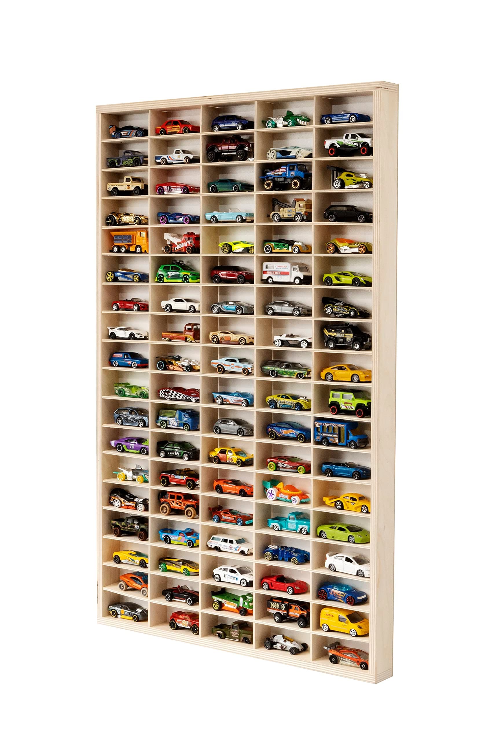 Display Cabinet Compatible with Hot Wheels Lorry Design – Toy Storage Shelves with 90 Slots – Heavy Duty Wooden Cube Storage Box – Modern Design