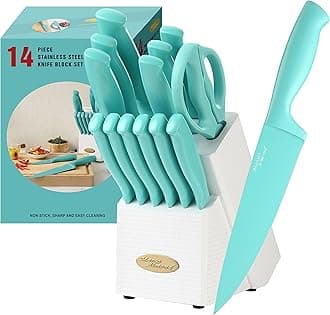 Marco Almond® Kitchen Knife Set MA24, 14 Pieces Stainless Steel Knife Block Set, Chef Teal Knives Sets for Kitchen with White Block
