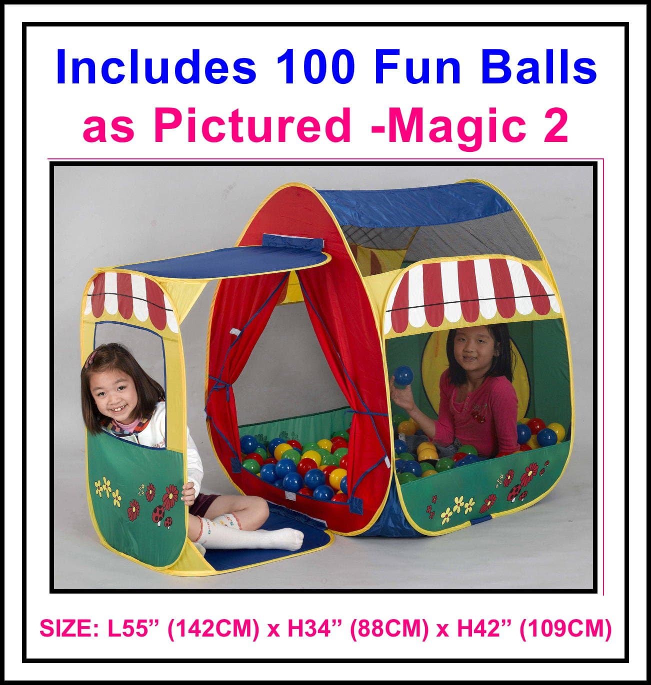Nice size Pop Up Magic Ball Tent 55” x 34” x 42” with 100 Colorful Play Balls, A great Fun Product for ages of 3 and up (See Picture Details)
