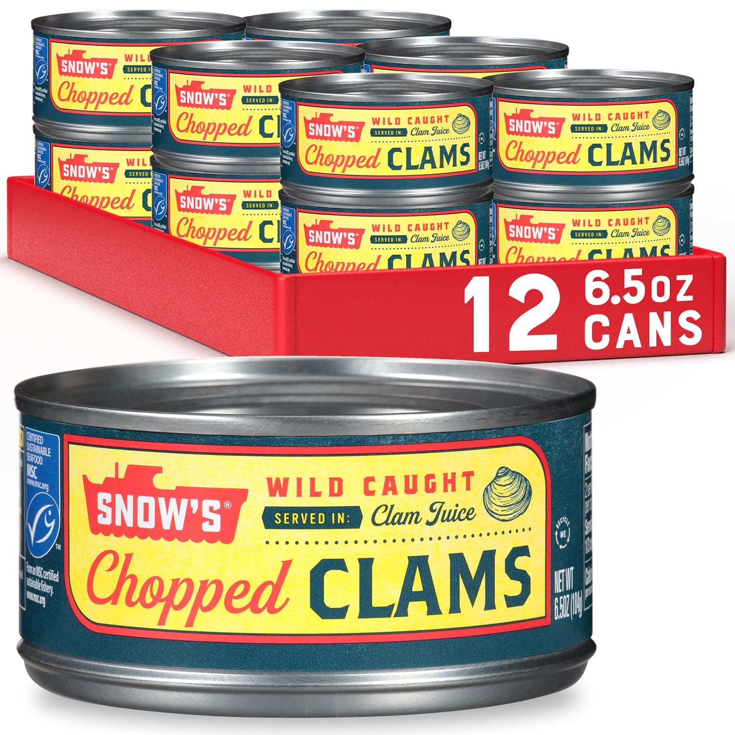 Snow's Wild Caught Chopped Clams Canned, 6.5 oz Can (Pack of 12) - 5g Protein Per Serving - Keto Friendly, 99% Fat Free