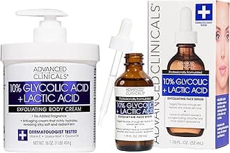 Advanced Clinicals 10% Glycolic Acid + Lactic Acid Body Lotion Moisturizer + AHA Glycolic Acid Face Serum 2pc Exfoliating Skincare Set To Reduce Look Of Uneven Rough Skin Texture, Fragrance Free, 2pc