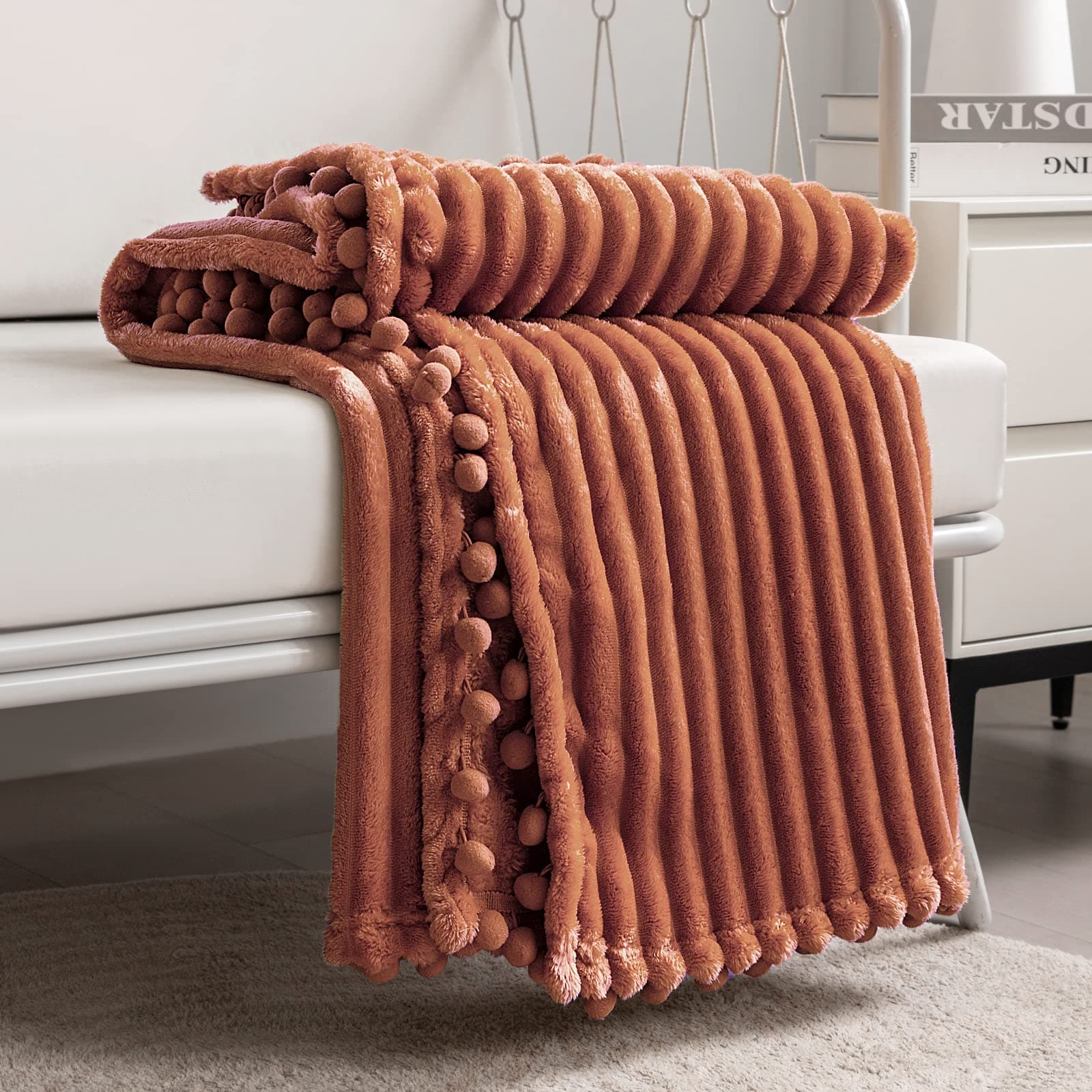 DISSA Fleece Blanket Throw Size – 51x63, Caramel – Soft, Plush, Fluffy, Fuzzy, Warm, Cozy – Perfect Throw for Couch, Bed, Sofa - with Pompom Fringe - Flannel Blanket Throw Blanket