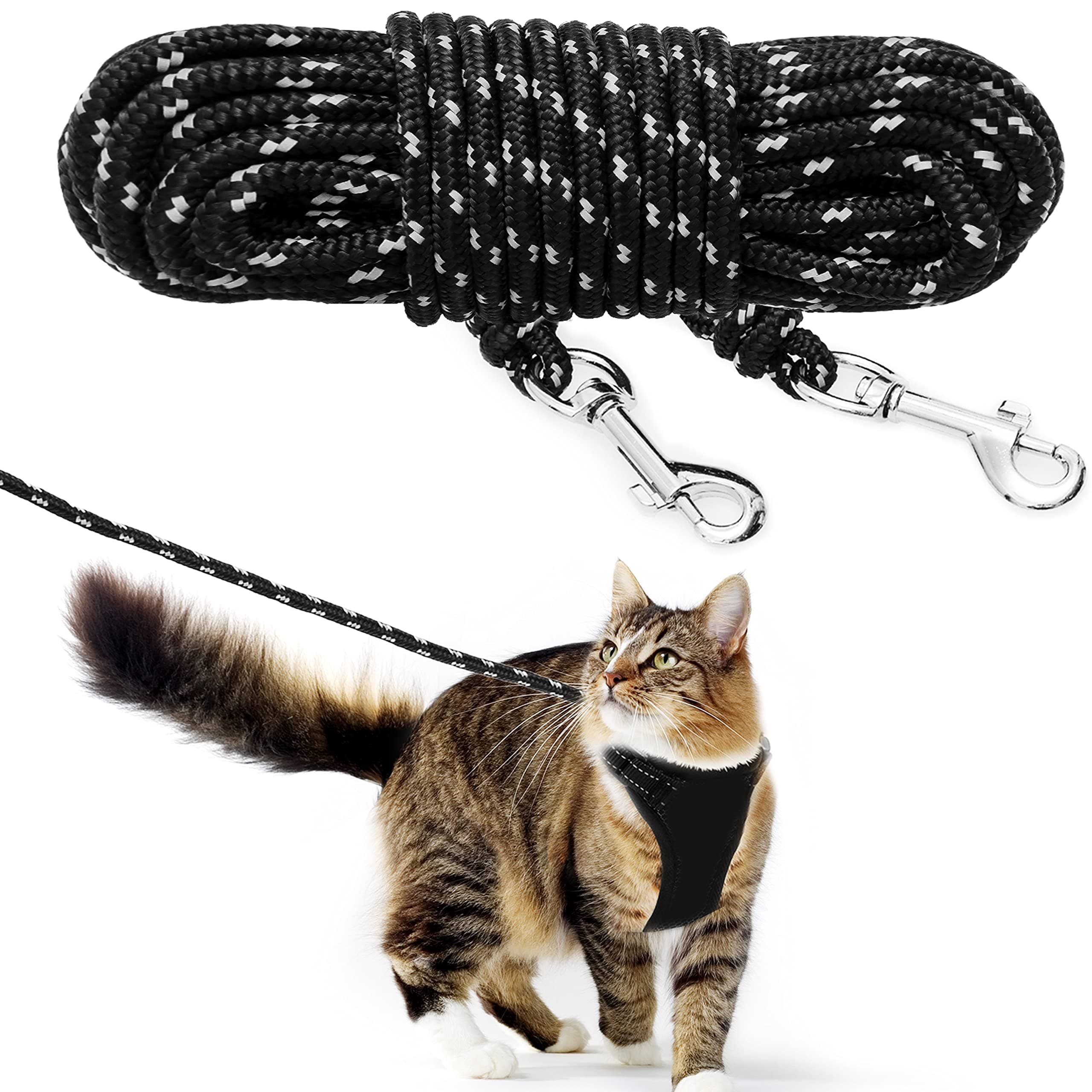 Cat Leash - 15 ft / 30 ft Reflective Long Cat Leash Outdoor for Walking Training Playing - Escape Proof Yard Lead Pet Leash Also for Cats, Small Dogs, Puppy, Kitten, Rabbit
