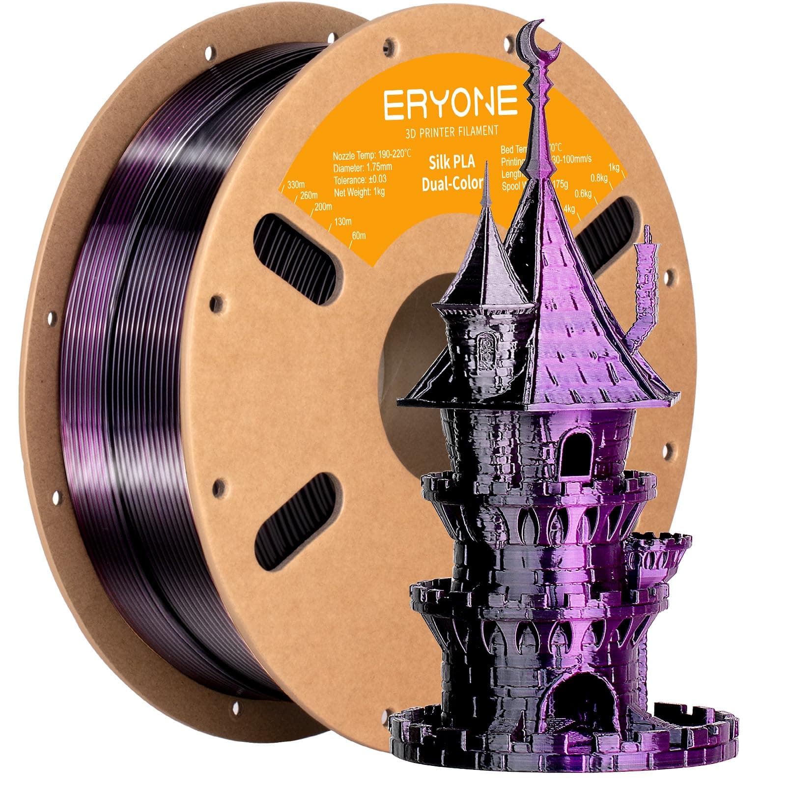 Silk Dual Color PLA Filament 3D Printer 1.75mm +/- 0.03mm, Bicolor Filament Two Tone PLA 1KG(2.2lbs) Cardboard Spool, Black Purple
