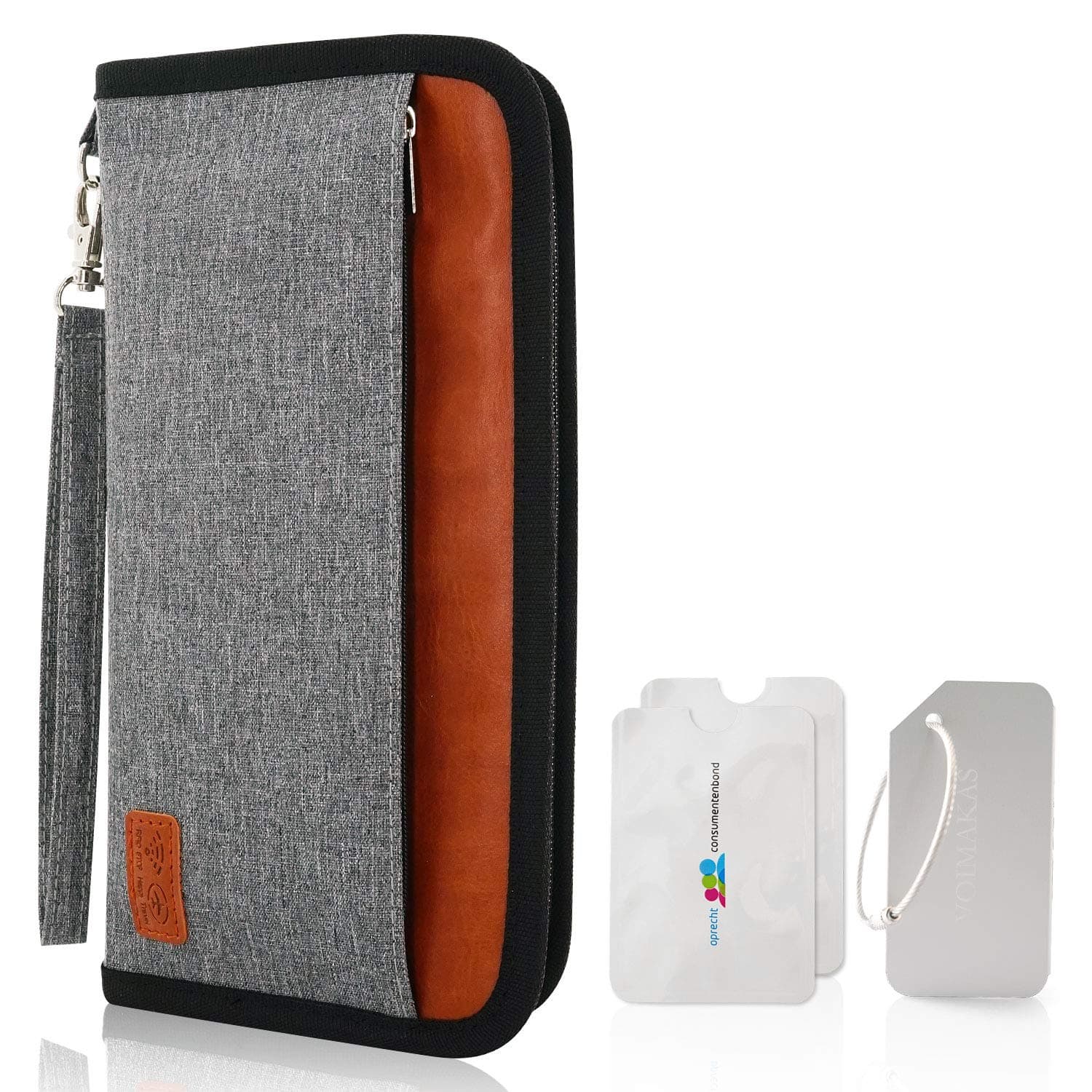 Travel Wallet Organiser with Hand Strap, RFID Blocking Passport Holder Family for Women Men, Bags for Storaging Smartphone ID Credit Card Money Ticket Key Grey