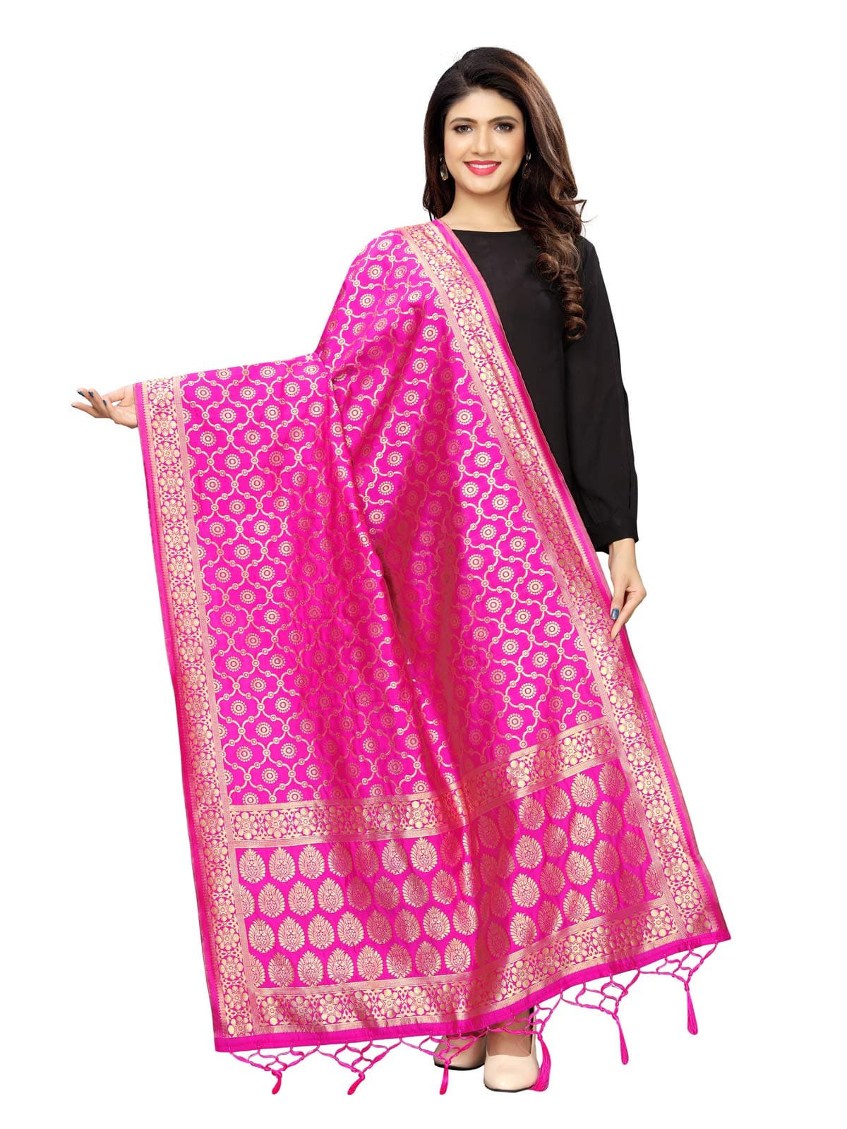 KANCHNAR Women's Solid Poly Silk Dupatta (69FD556_Pink_One Size_Pink_Free Size)